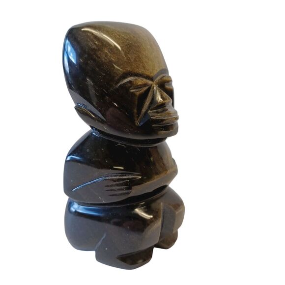 Gold Sheen Black Obsidian Stone 5-5/8"h Mayan Aztec Carved Seated Man Figure - Picture 6 of 8